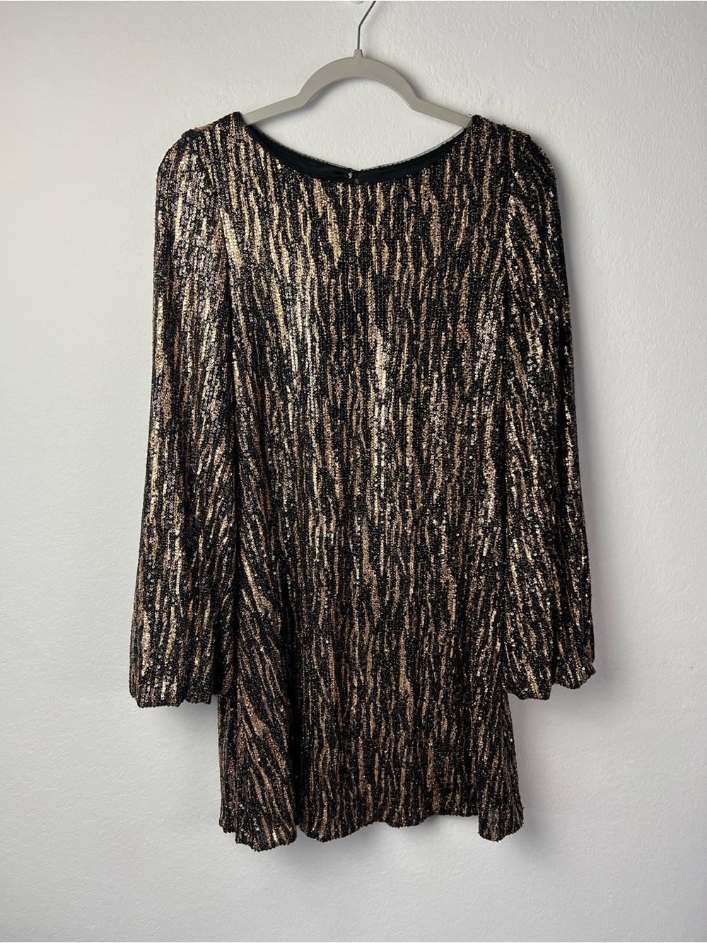 Betsy & Adam Black & Gold Tiger Stripes Sequin Balloon Sleeve Dress